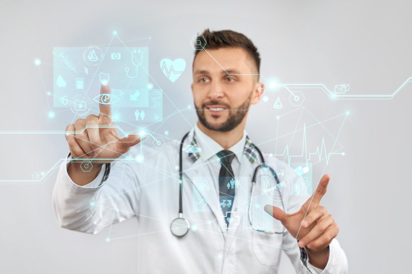 Empowering Transplant Decisions with AI-Driven Predictive Modeling Doctor using interactive digital health interface to demonstrate AI-powered transplant insights and predictive analytics.